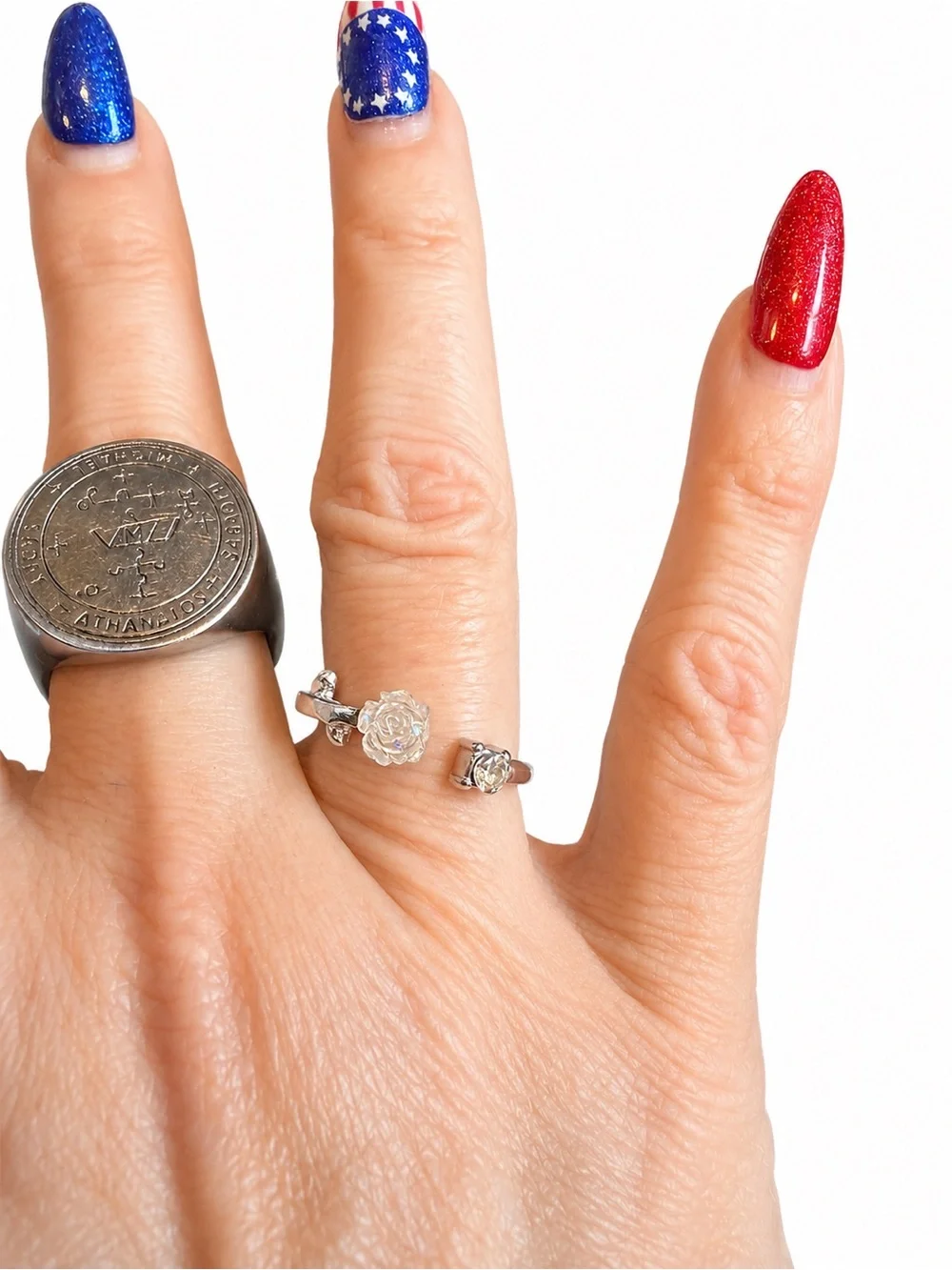 Rose Ring NWT Adjustable Silver Tone w/ Box | Iridescent Flower & Crystal Accent